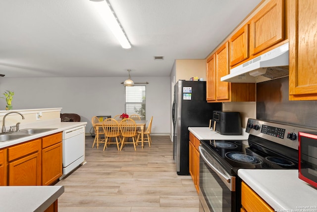 kitchen with appliances with stainless steel finishes, light wood-type flooring, decorative light fixtures, and sink