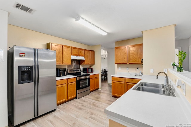 kitchen featuring kitchen peninsula, sink, light hardwood / wood-style floors, and appliances with stainless steel finishes