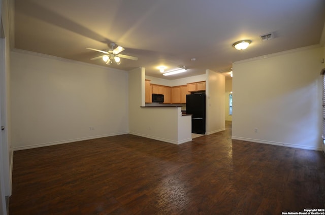 unfurnished living room with ceiling fan, dark hardwood / wood-style flooring, and ornamental molding