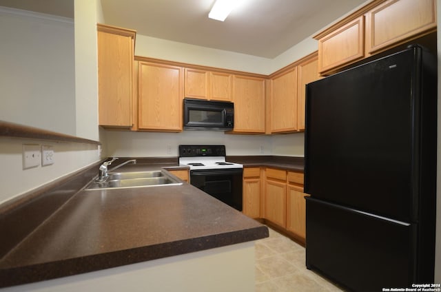 kitchen with light brown cabinetry, sink, ornamental molding, and black appliances