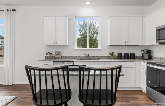 4076 Paddock Trl, Seguin, TX 78155 - kitchen featuring appliances with stainless steel finishes, white cabinetry, dark wood-style flooring, light stone counters, and recessed lighting