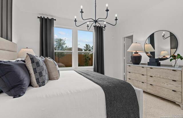 4076 Paddock Trl, Seguin, TX 78155 - bedroom featuring a chandelier and light colored carpet