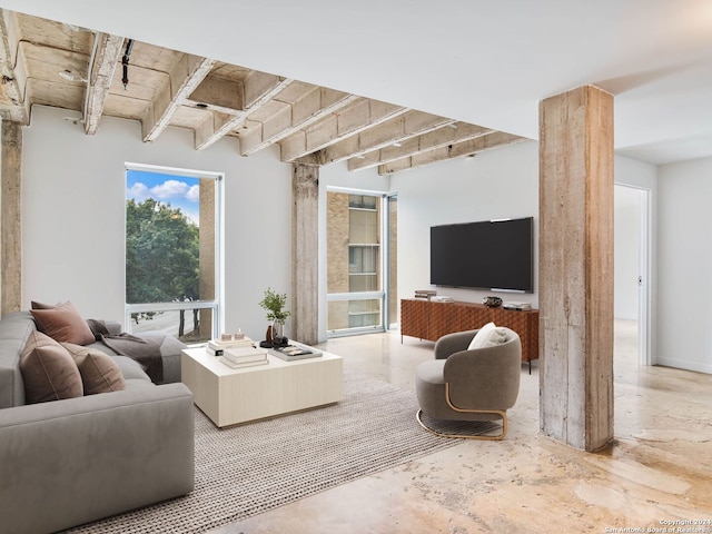 1115 S Alamo St Unit 2310, San Antonio, TX 78210 - living room with beam ceiling and concrete flooring