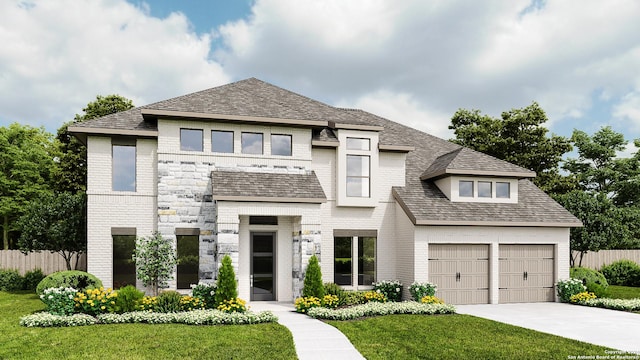 view of front facade with a garage and a front lawn