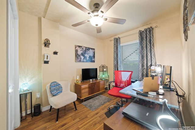 office space featuring ceiling fan and hardwood / wood-style floors