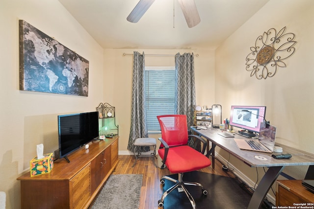 office with hardwood / wood-style flooring and ceiling fan