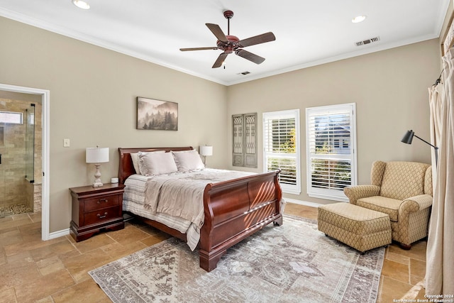 bedroom featuring connected bathroom, ceiling fan, and ornamental molding