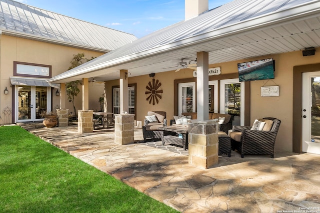 view of patio / terrace featuring outdoor lounge area, french doors, and ceiling fan