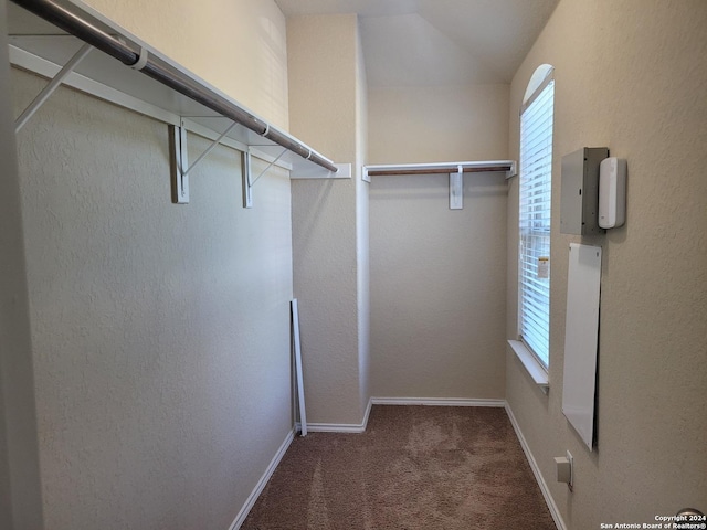 walk in closet featuring carpet floors and vaulted ceiling