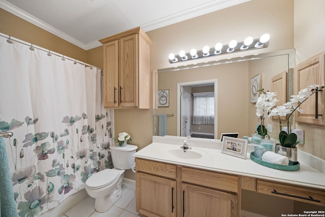 bathroom featuring tile patterned flooring, vanity, toilet, and ornamental molding