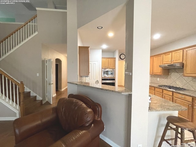 kitchen with light stone countertops, a kitchen bar, kitchen peninsula, and stainless steel appliances