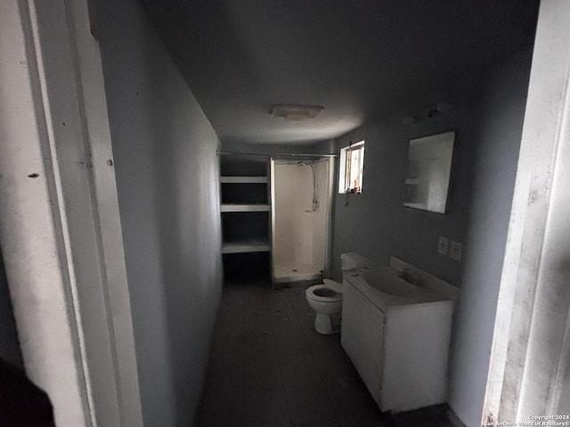 bathroom featuring a shower, vanity, and toilet