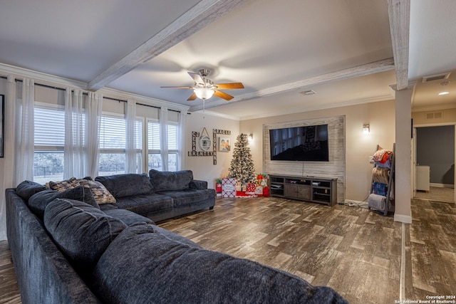 living room featuring beam ceiling, dark hardwood / wood-style floors, ceiling fan, and crown molding