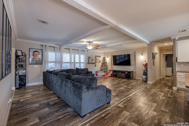 living room with beam ceiling, crown molding, ceiling fan, and dark hardwood / wood-style floors