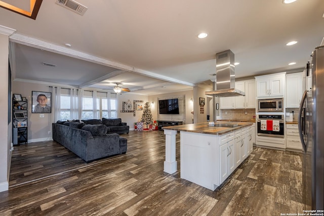 kitchen featuring appliances with stainless steel finishes, island range hood, dark wood-type flooring, white cabinets, and a center island