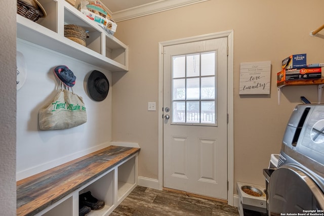 mudroom with dark hardwood / wood-style floors, washer / dryer, and ornamental molding