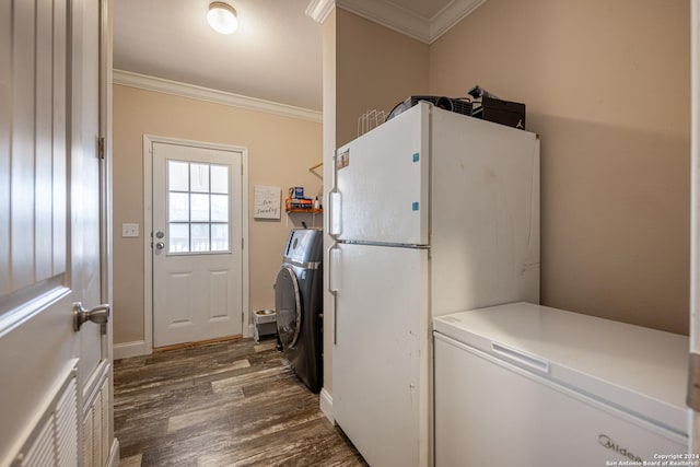 laundry area featuring washer / clothes dryer, crown molding, and dark wood-type flooring