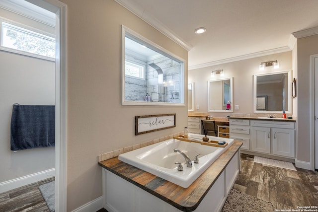 bathroom with hardwood / wood-style floors, vanity, plenty of natural light, and crown molding