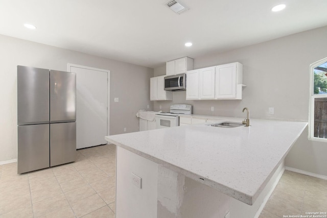 kitchen featuring white cabinets, sink, appliances with stainless steel finishes, light tile patterned flooring, and kitchen peninsula