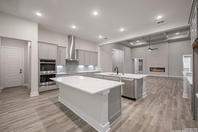 kitchen featuring wall chimney exhaust hood, stainless steel appliances, sink, light hardwood / wood-style floors, and an island with sink