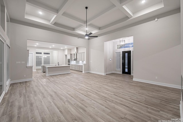 unfurnished living room with ceiling fan, light hardwood / wood-style flooring, and coffered ceiling