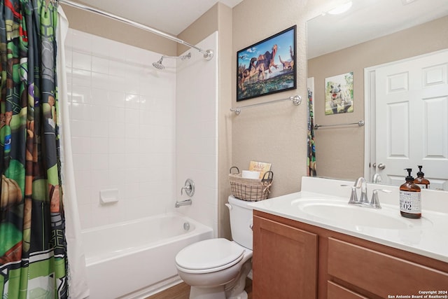 full bathroom with hardwood / wood-style flooring, vanity, toilet, and shower / tub combo with curtain