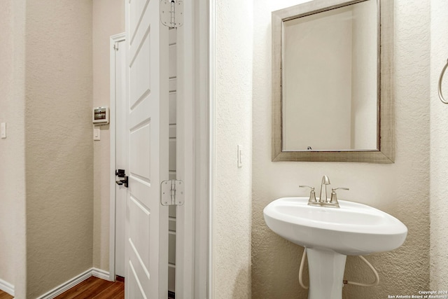 bathroom with hardwood / wood-style flooring