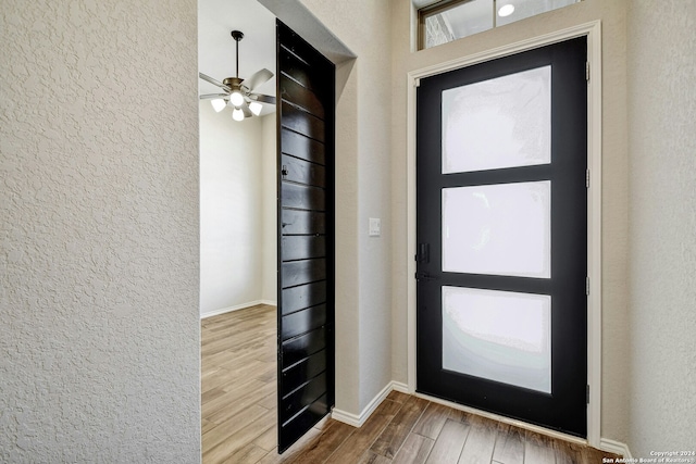 foyer with wood-type flooring, plenty of natural light, and ceiling fan