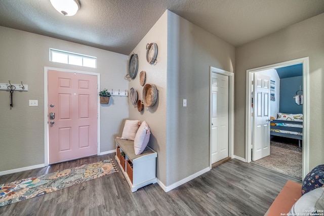 entrance foyer with dark hardwood / wood-style flooring and a textured ceiling