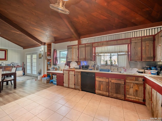 kitchen featuring dishwasher, french doors, light wood-type flooring, and plenty of natural light