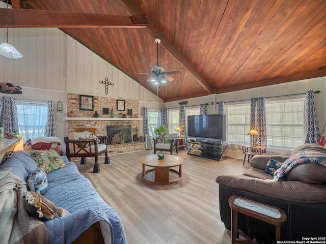 living room with wood-type flooring, lofted ceiling with beams, and wooden ceiling