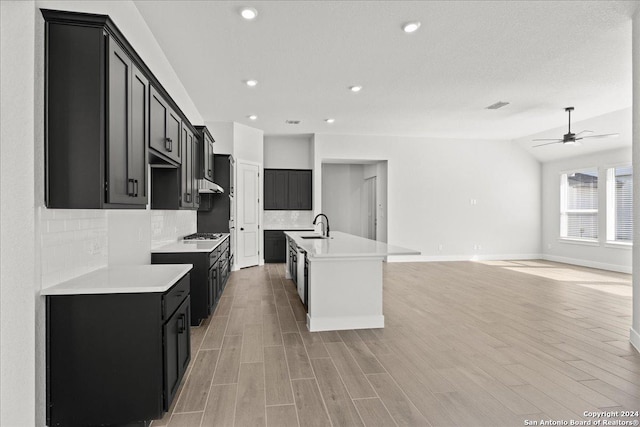 kitchen with a center island with sink, sink, ceiling fan, tasteful backsplash, and light hardwood / wood-style floors