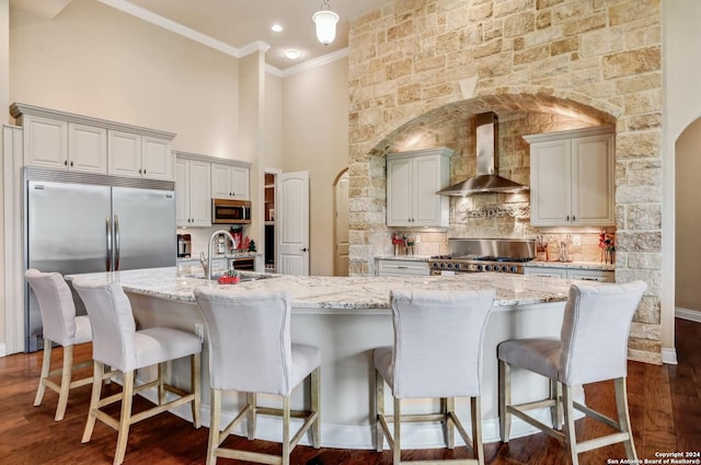 kitchen featuring sink, stainless steel appliances, dark hardwood / wood-style floors, and wall chimney range hood