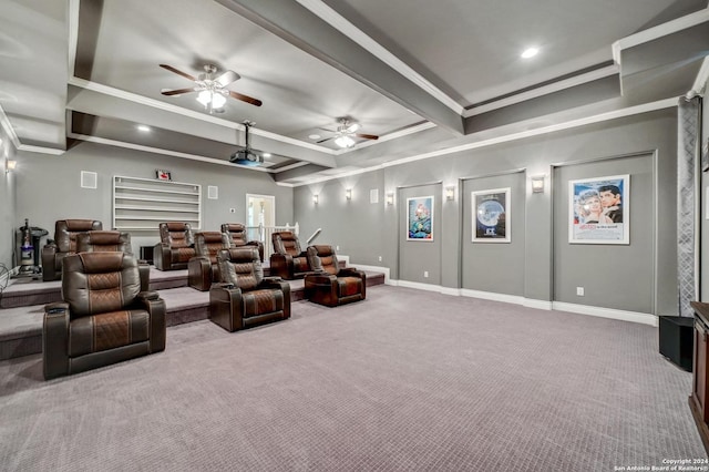 carpeted home theater with beam ceiling and ceiling fan