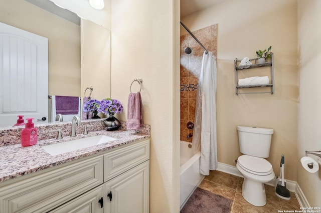 full bathroom with tile patterned flooring, shower / bath combination with curtain, vanity, and toilet