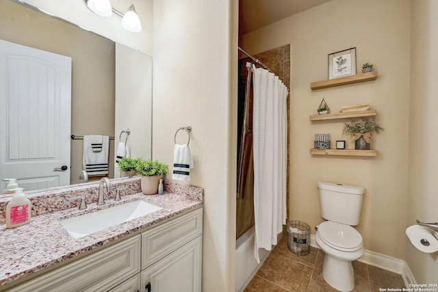 full bathroom featuring tile patterned flooring, shower / tub combo, vanity, and toilet