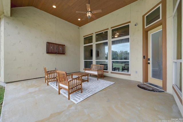 view of patio featuring ceiling fan and an outdoor living space