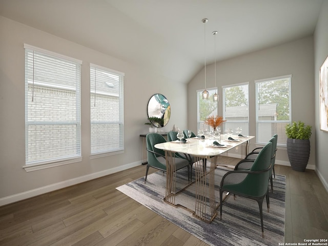 dining area featuring lofted ceiling and wood-type flooring