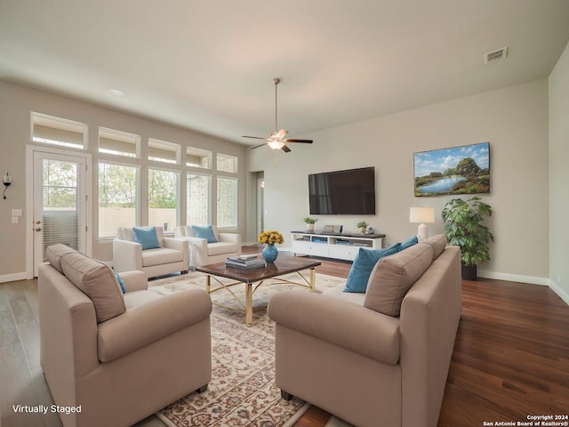 living room with ceiling fan and wood-type flooring