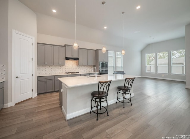 kitchen featuring an island with sink, sink, appliances with stainless steel finishes, and light hardwood / wood-style flooring