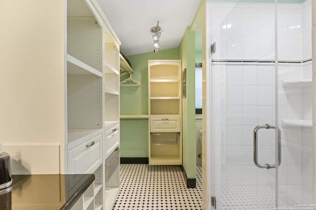 bathroom featuring vaulted ceiling