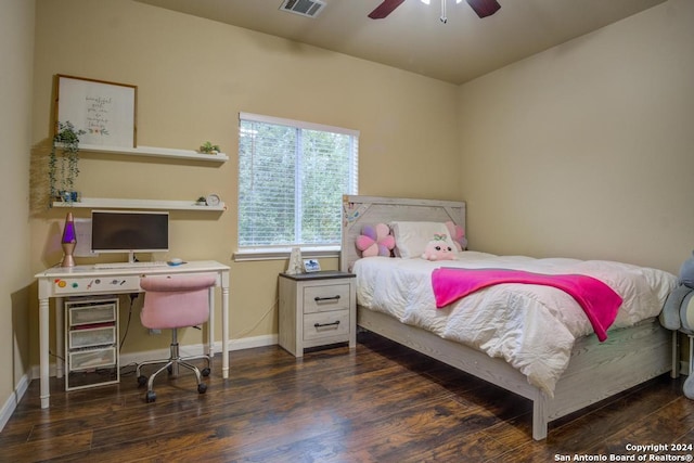 bedroom featuring dark hardwood / wood-style floors and ceiling fan