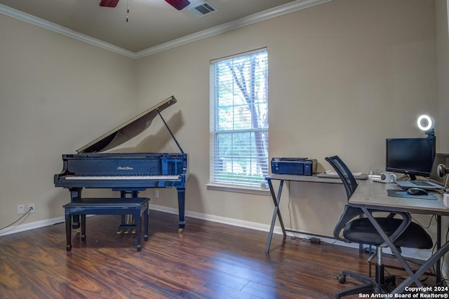 office with crown molding, dark hardwood / wood-style flooring, and a healthy amount of sunlight