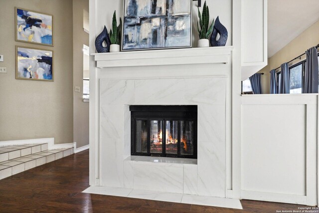 interior details with hardwood / wood-style floors and a premium fireplace