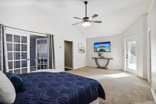 bedroom featuring carpet flooring, access to exterior, ceiling fan, and high vaulted ceiling