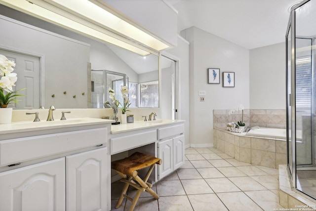 bathroom featuring tile patterned floors, vanity, lofted ceiling, and plus walk in shower