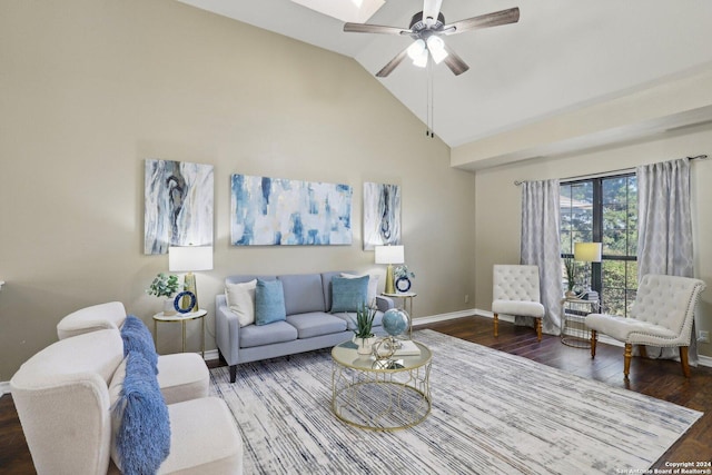 living room featuring ceiling fan, dark hardwood / wood-style flooring, and vaulted ceiling