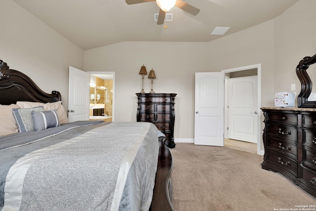 bedroom with lofted ceiling, ensuite bathroom, ceiling fan, and light colored carpet