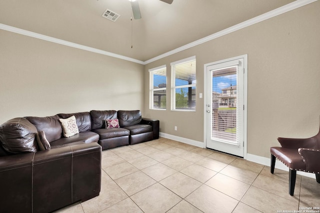 living room featuring light tile patterned floors, ceiling fan, and ornamental molding