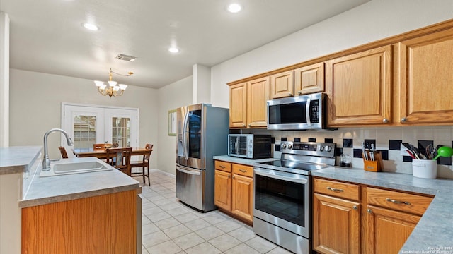 kitchen featuring sink, hanging light fixtures, an inviting chandelier, backsplash, and appliances with stainless steel finishes